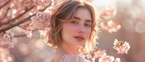 Fototapeta premium A woman is standing in front of a tree with pink flowers