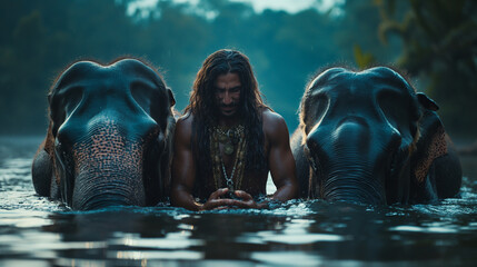 Artistic photography, a man swimming and interacting with elephants in the lake 