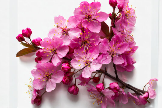 Bright pink cherry tree flowers top down view
