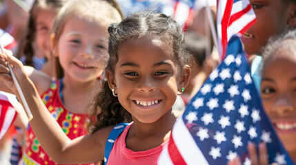 Children waving American flags at a 4th of July parade smiling and excited.