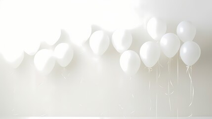Breath-taking photo capturing the ethereal beauty of white balloons drifting on a clean white background, with a ribbon as a graceful accent.