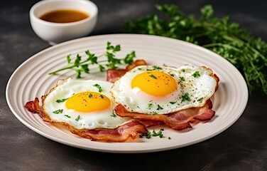 fried eggs with bacon on white plate, decorated with parsley her