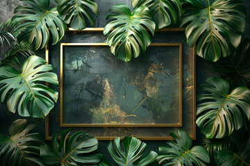 The backdrop featuring a natural Monstera features a wooden frame
