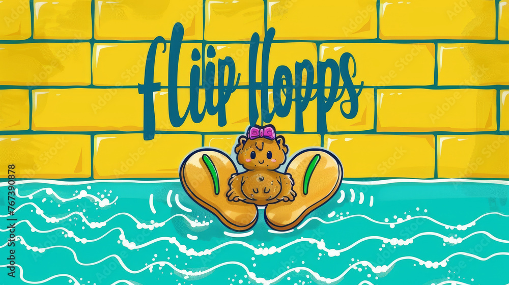 Poster a pair of flip flops sits on a solid colored background in a repeating pattern.