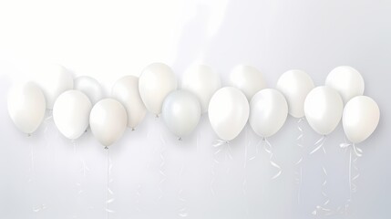 Artistic depiction of white balloons floating effortlessly on a serene white background, with a ribbon adding a charming detail.