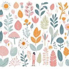 A collection of seamless pattern, colorful abstract plants and flowers. Hand drawn Collection of leaves and flowers. A close up of a pattern of flowers and leaves.
