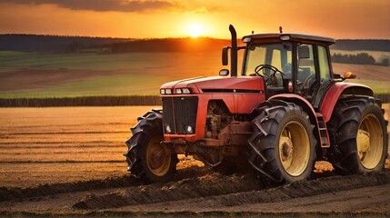 Modern tractor equipment plows an agricultural meadow on a farm in spring or autumn. A farmer cultivates the soil before planting plants, crops in the countryside. - obrazy, fototapety, plakaty