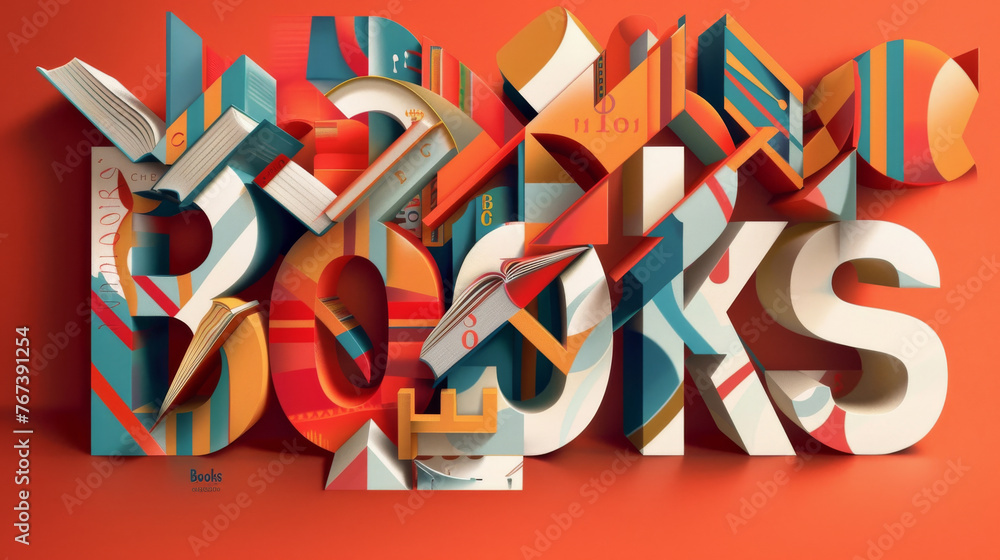 Poster the image shows a stack of books on a solid-colored background. it is a vibrant and organized displa
