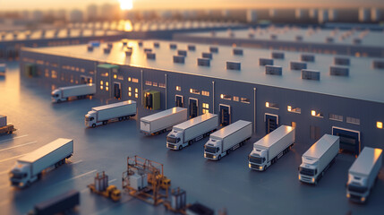 Fleet of Trucks Parked in Front of Warehouse - obrazy, fototapety, plakaty