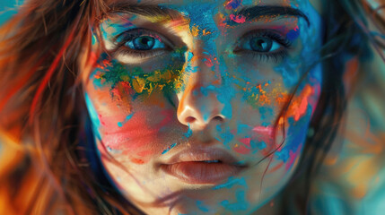 A woman with colorful face paint on her face