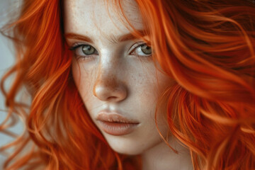 A woman with red hair and green eyes