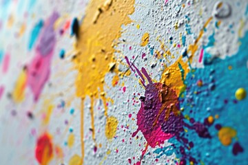 A wall covered in splatters of paint in a variety of colors