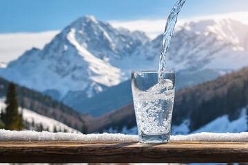 Pouring water from bottle into a glass on a background of winter landscape of mountains.  natural...