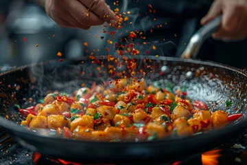 Fototapete Rund A chef's hands expertly sprinkling a pinch of fiery chili flakes onto a sizzling dish, enhancing the culinary experience with heat. Concept of bold and spicy cuisine. Generative Ai. © Sebastian