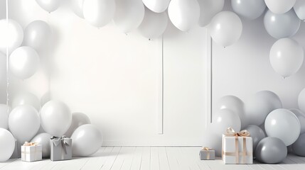 Aesthetic mockup showcasing a white background with an artful arrangement of white balloons and a ribbon, creating a captivating visual.