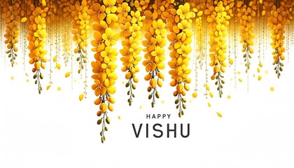 Happy vishu card illustration with golden shower flowers. - obrazy, fototapety, plakaty