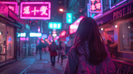 A woman walks down a neon lit street with neon signs in the background - obrazy, fototapety, plakaty