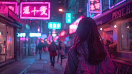 Zelfklevend Fotobehang A woman walks down a neon lit street with neon signs in the background © Synthetica