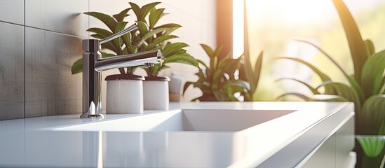 Fototapeta premium There is a sink with a plant in the corner of it