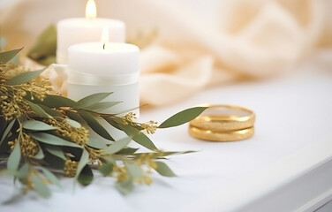 Fototapeta na wymiar Two golden wedding rings on napkin with rose, candle decor. Wedd