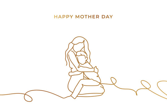 Golden continue line of mother hug her child. Happy mother day.