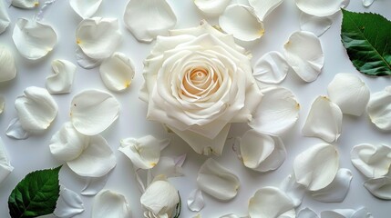 Obraz na płótnie Canvas White Rose and Petals on White Background - Ideal for Greeting Cards for Wedding, Birthday, Valentine's Day, Mother's Day - Beautiful