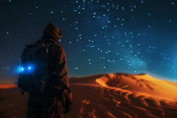 Solitary Travelers Twilight March Under Starlit Desert Sky Banner