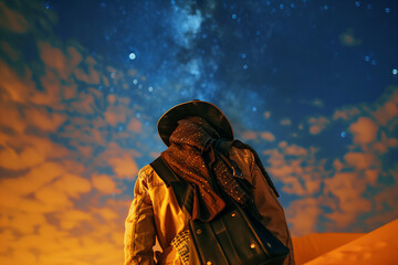 Stargazing Nomad Admires Cosmic Majesty Above Desert Dunes Banner