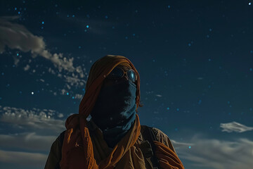 Mysterious Traveler Under Starlit Sky: A Desert Night Adventure Banner