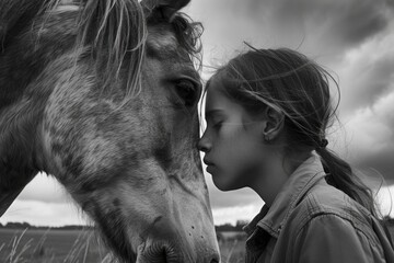 A woman stands gracefully next to a majestic horse, embodying a sense of connection and mutual respect between human and animal