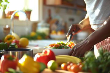 Obraz na płótnie Canvas Person Preparing Fresh Organic Salad in Sunny Home Kitchen