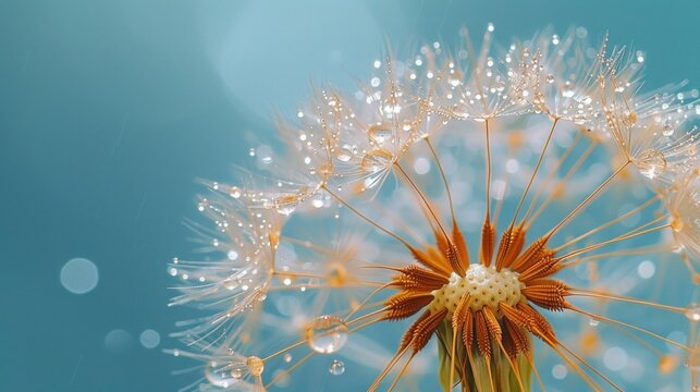 Golden Dew Drops on Dandelion Seed Macro against Dreamy Blue Background - Soft and Tender Artistic Image