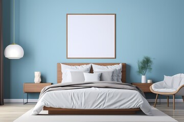 Fototapeta na wymiar A stylish and modern bedroom with a dark bed, featuring an empty mockup frame on a vibrant blue wall. 8k,