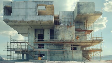 Modern building under construction with scaffolding. Repair and construction concept
