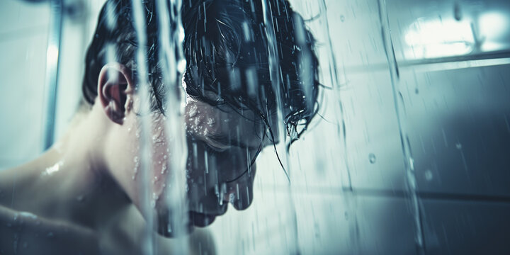 Um homem tomando banho, envolto em seus próprios sentimentos. Imagem sobre depressão, ansiedade e problemas psicológicos. Representação: solidão, introspecção, luta interior, busca por alívio