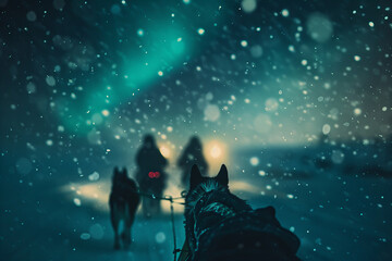 Mystical Northern Lights: A Snowy Husky Sled Journey Under Starry Skies Banner