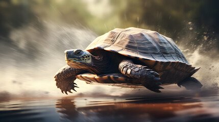 Running turtle with motion blurred background, fast running turtle, fast turtle