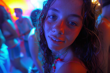 Young Woman Enjoying a Party under Neon Lights