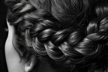 A detailed shot of a woman elegantly braiding her hair, showcasing intricate patterns and skilled handiwork in a stylish hairstyle - obrazy, fototapety, plakaty