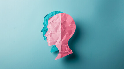 awareness of mental health, blue and pink head shaped paper overlap each other isolated background