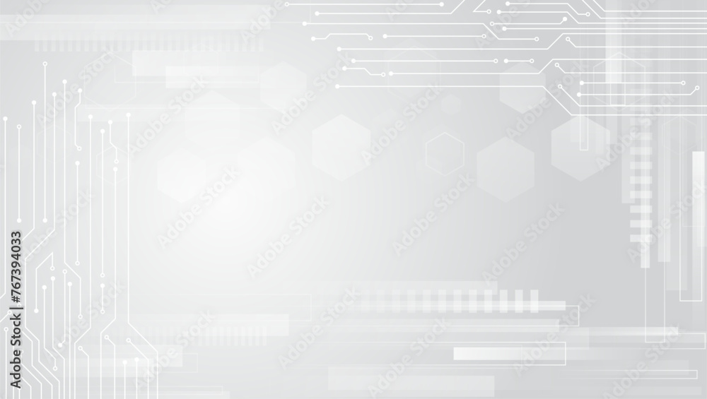 Poster Science concept, hexagons with circuit board. Abstract hi tech communication for presentation or banner. Sci-fi gray background with various technology elements.