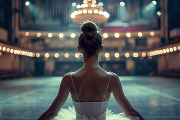 Elegant Ballerina Contemplating the Stage with Lights and Symmetry Banner - obrazy, fototapety, plakaty