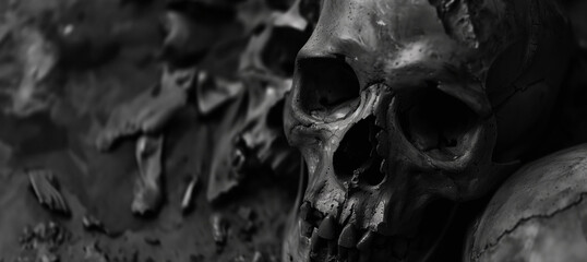 black and white portrait of an ancient skull in a cave with copy space - obrazy, fototapety, plakaty
