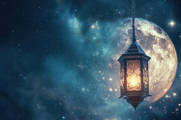 Ramadan Atmosphere: View of the night sky with a waning moon, dark blue background, and starlight. The lantern adds a mystical touch