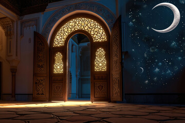 Fototapeta premium Illuminated traditional eastern doors symbolize the welcoming spirit of Ramadan in its full glory