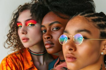 A diverse group of women showcasing various colored makeup on their faces, celebrating individuality and creativity through vibrant expressions of beauty