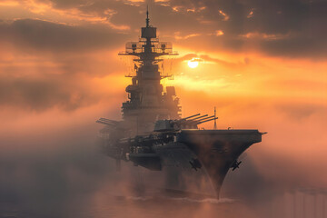 Majestic Naval Vessel Steams Through Mist at Sunrise Banner - obrazy, fototapety, plakaty