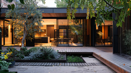 Fototapeta na wymiar Modern House With Deck and Garden