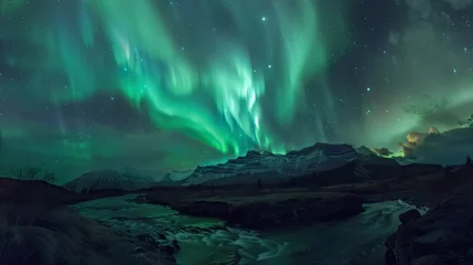 Poster Im Rahmen aurora borealis, Northern lights sky, green, lila, yellow, Enchanting light phenomenon, copy and text space,  © Christian