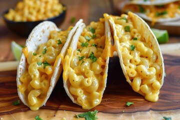 Three delicious tacos filled with macaroni and cheese, placed on a wooden cutting board - Powered by Adobe